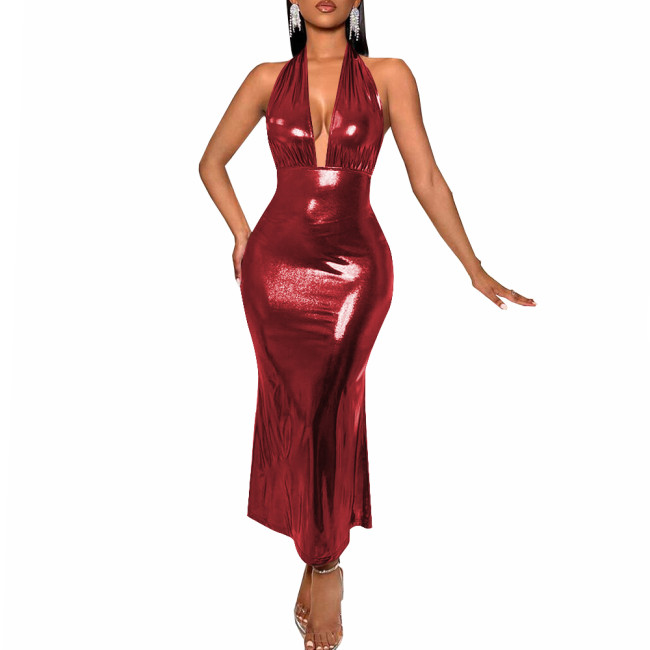 Sexy Deep V-neck Backless Halter Long Dress Women's Sleeveless High Waist Bodycon Slim Dress Liquid Metallic Evening Party Gown