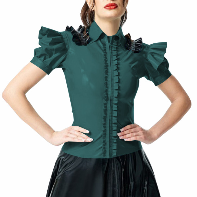 Woman Ruffled Shirt Lady Shiny PVC Leather Puff Short Sleeves Turndown Collar Slim Fit Shirt Female Blouse Club Party Attire Top
