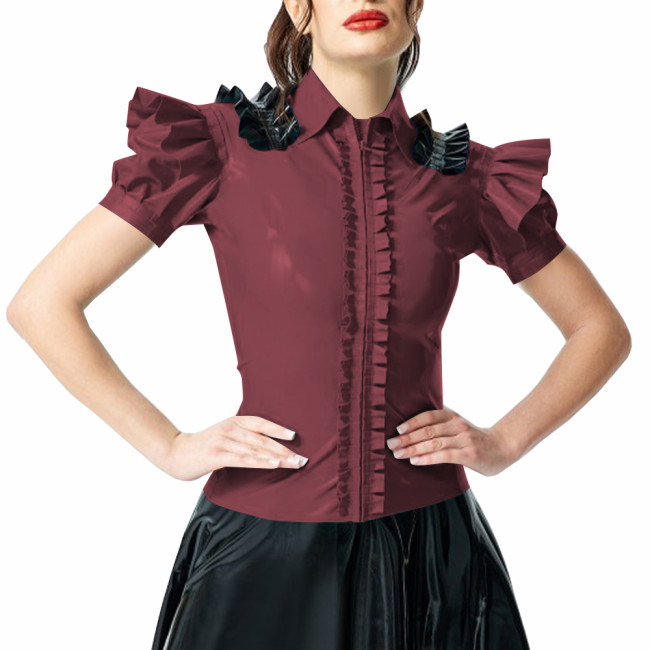 Woman Ruffled Shirt Lady Shiny PVC Leather Puff Short Sleeves Turndown Collar Slim Fit Shirt Female Blouse Club Party Attire Top