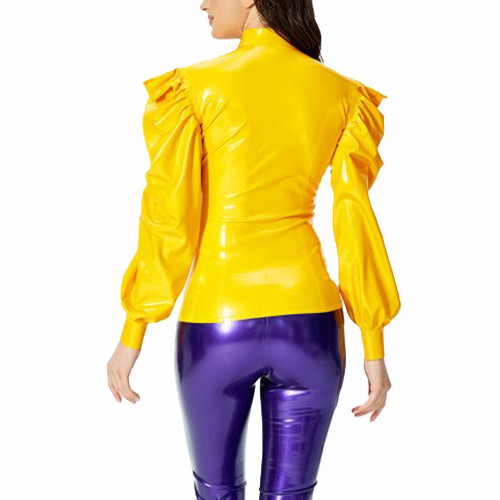Casual Bow Decoration Button Style Shirts for Womens Puff Long Sleeved Single-breasted Vinyl PVC Leather Shirt Female Blouse