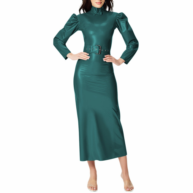 Cocktail Party Elegant Women's Midi Dresses Wetlook Streetwear Fashion Slim High Neck PVC Shiny Belt Dress Female Party Dresses