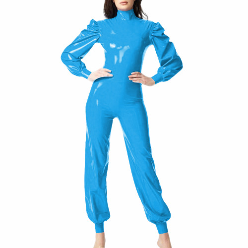 Smoothing PVC Leather Long Puff Sleeve Jumpsuit Turtleneck Skinny Women Rompers Elegant Ladies Zipper Back Catsuit Streetwear