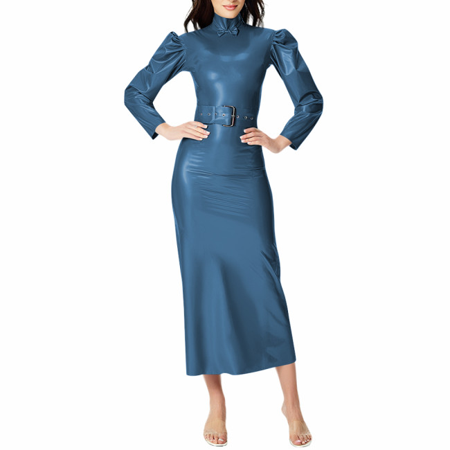 Cocktail Party Elegant Women's Midi Dresses Wetlook Streetwear Fashion Slim High Neck PVC Shiny Belt Dress Female Party Dresses