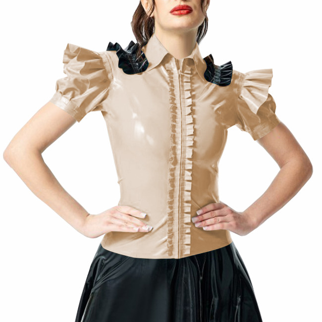 Woman Ruffled Shirt Lady Shiny PVC Leather Puff Short Sleeves Turndown Collar Slim Fit Shirt Female Blouse Club Party Attire Top