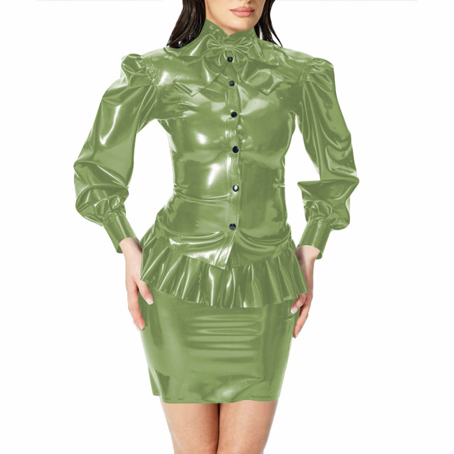 Wet PVC Leather Women's Suit Elegant Puff Long Sleeved Shirt Ruffles Bodycon Mini Skirt Fashion Ladies Nightclub Dress Sets