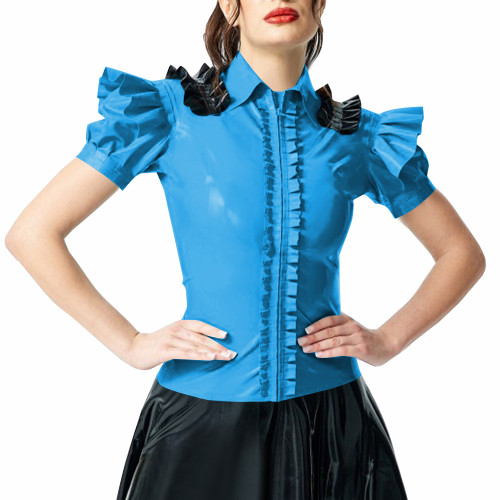 Woman Ruffled Shirt Lady Shiny PVC Leather Puff Short Sleeves Turndown Collar Slim Fit Shirt Female Blouse Club Party Attire Top
