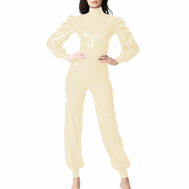 Smoothing PVC Leather Long Puff Sleeve Jumpsuit Turtleneck Skinny Women Rompers Elegant Ladies Zipper Back Catsuit Streetwear