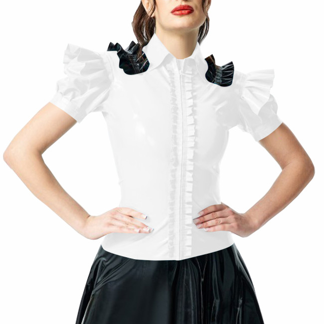 Woman Ruffled Shirt Lady Shiny PVC Leather Puff Short Sleeves Turndown Collar Slim Fit Shirt Female Blouse Club Party Attire Top
