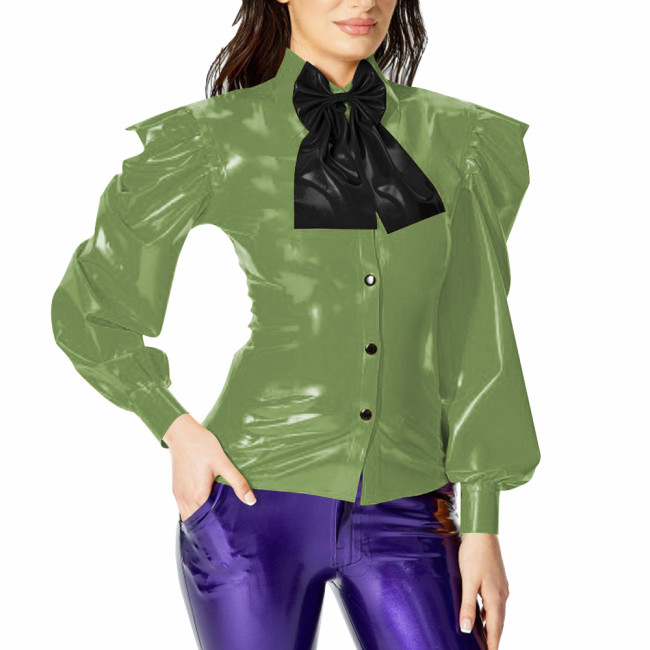 Casual Bow Decoration Button Style Shirts for Womens Puff Long Sleeved Single-breasted Vinyl PVC Leather Shirt Female Blouse