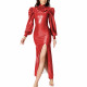 Sexy Stand Collar Side Split Party Long Dress for Womens Smooth PVC Leather Long Sleeved Bow Neck Dress Carnival Party Vestidos