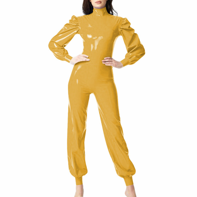 Smoothing PVC Leather Long Puff Sleeve Jumpsuit Turtleneck Skinny Women Rompers Elegant Ladies Zipper Back Catsuit Streetwear
