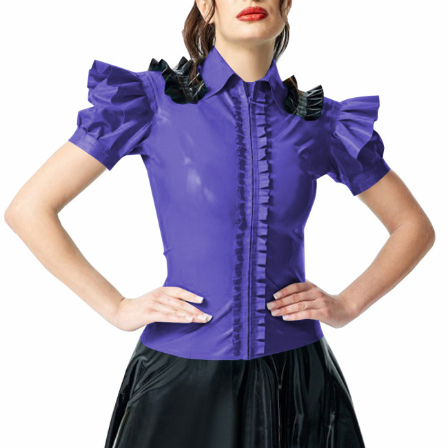 Woman Ruffled Shirt Lady Shiny PVC Leather Puff Short Sleeves Turndown Collar Slim Fit Shirt Female Blouse Club Party Attire Top