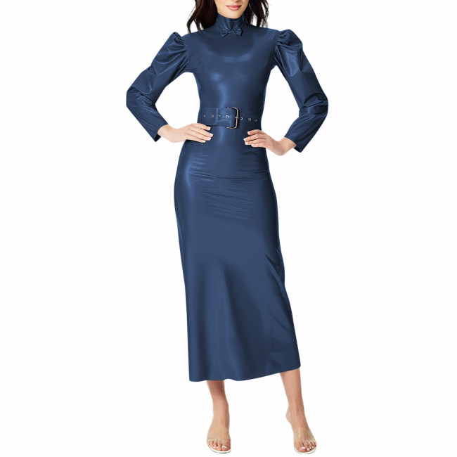 Cocktail Party Elegant Women's Midi Dresses Wetlook Streetwear Fashion Slim High Neck PVC Shiny Belt Dress Female Party Dresses