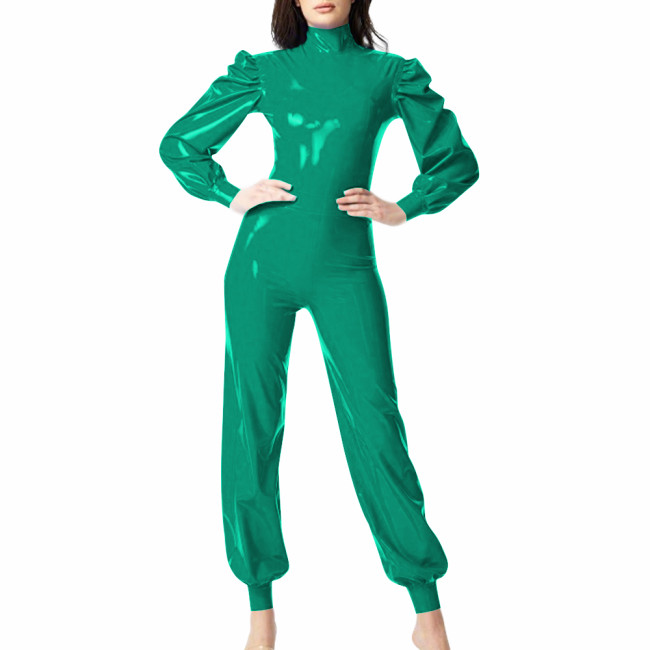 Smoothing PVC Leather Long Puff Sleeve Jumpsuit Turtleneck Skinny Women Rompers Elegant Ladies Zipper Back Catsuit Streetwear