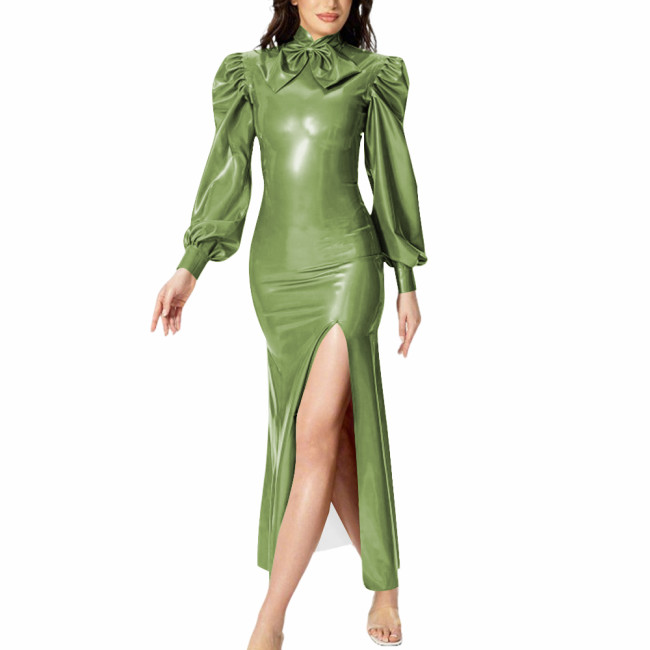 Sexy Stand Collar Side Split Party Long Dress for Womens Smooth PVC Leather Long Sleeved Bow Neck Dress Carnival Party Vestidos