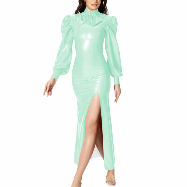 Sexy Stand Collar Side Split Party Long Dress for Womens Smooth PVC Leather Long Sleeved Bow Neck Dress Carnival Party Vestidos