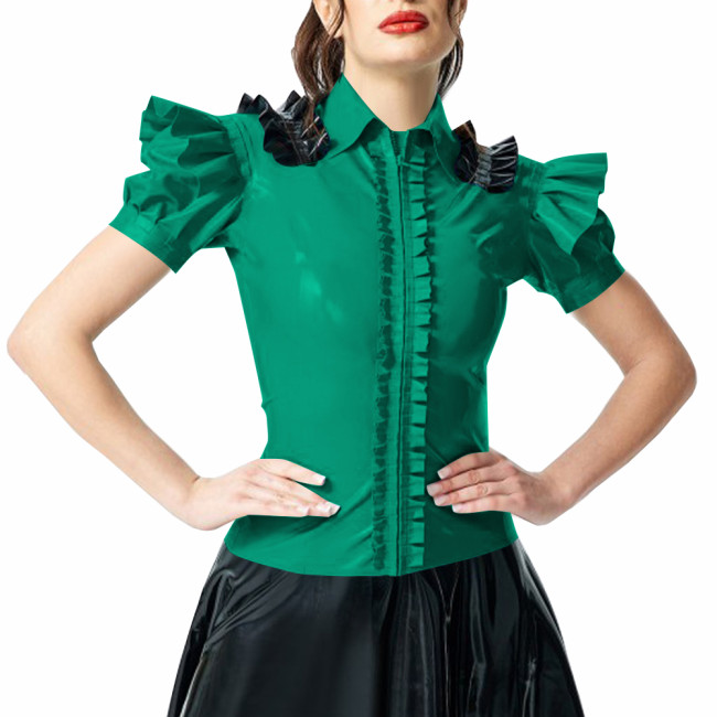 Woman Ruffled Shirt Lady Shiny PVC Leather Puff Short Sleeves Turndown Collar Slim Fit Shirt Female Blouse Club Party Attire Top
