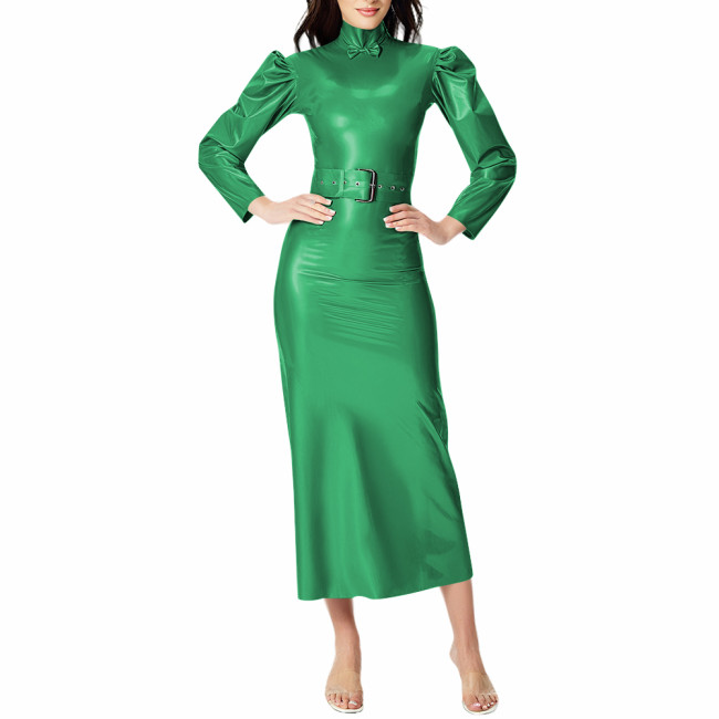 Cocktail Party Elegant Women's Midi Dresses Wetlook Streetwear Fashion Slim High Neck PVC Shiny Belt Dress Female Party Dresses
