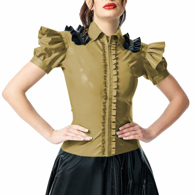 Woman Ruffled Shirt Lady Shiny PVC Leather Puff Short Sleeves Turndown Collar Slim Fit Shirt Female Blouse Club Party Attire Top