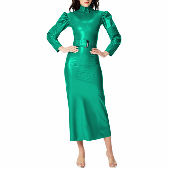 Cocktail Party Elegant Women's Midi Dresses Wetlook Streetwear Fashion Slim High Neck PVC Shiny Belt Dress Female Party Dresses
