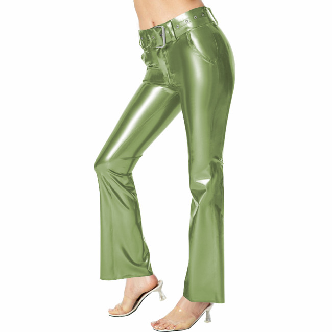 Women Latex-like PVC Leather Pants Fashion Belted Solid Color Trousers Female High Waist Skinny Pencil Pants Wetlook Outfits