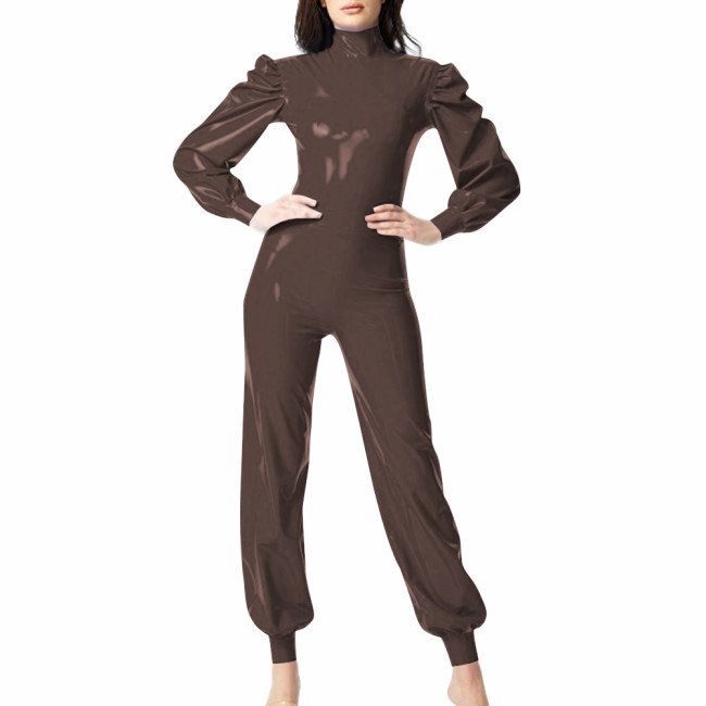 Smoothing PVC Leather Long Puff Sleeve Jumpsuit Turtleneck Skinny Women Rompers Elegant Ladies Zipper Back Catsuit Streetwear