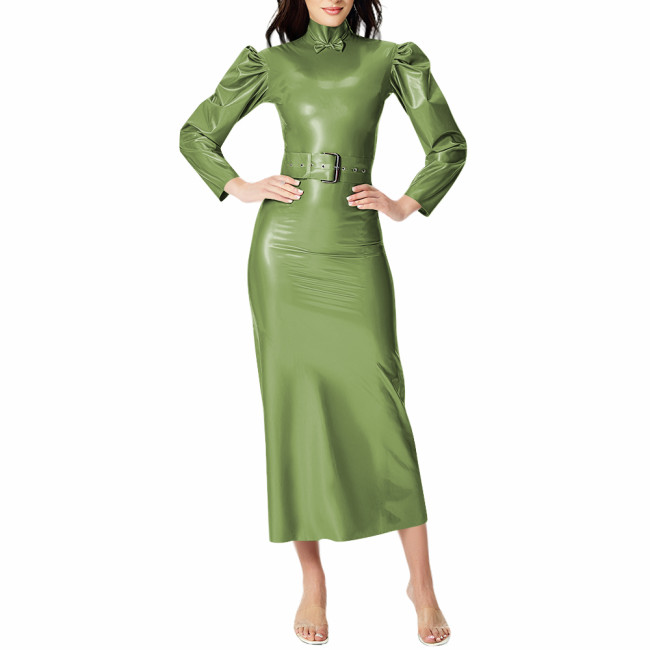 Cocktail Party Elegant Women's Midi Dresses Wetlook Streetwear Fashion Slim High Neck PVC Shiny Belt Dress Female Party Dresses