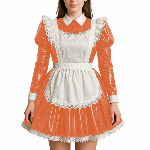 Crossdressing PVC Leather Maid Uniforms Sissy Role Playing Maid A-line Dress with Apron Halloween Party Makeup Ball Maid Outfits