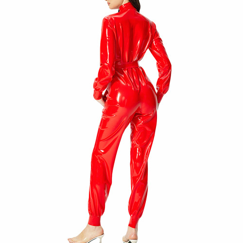 Plus Size Shiny Leather Belted Jumpsuit Nightclub Cosplay Romper Long Sleeves PVC Leather Playsuit Music Rave Party Clubwear