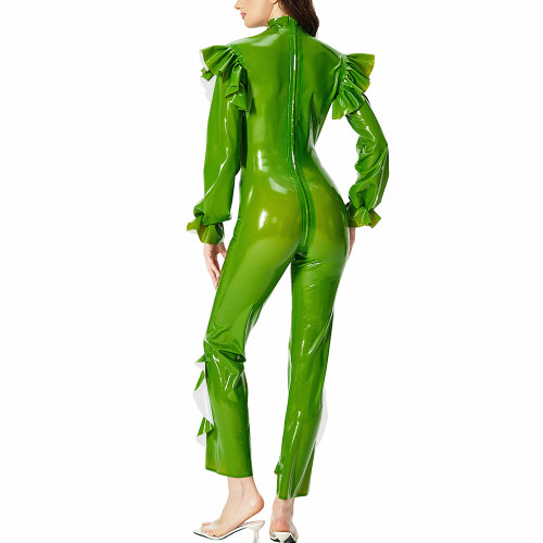 Sexy Women Ruffles Long Sleeve PVC Jumpsuit Wetlook Shiny Hollow Pant Bodysuit Female Club Tight Zipper Open Crotch Leotard