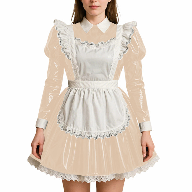 Crossdressing PVC Leather Maid Uniforms Sissy Role Playing Maid A-line Dress with Apron Halloween Party Makeup Ball Maid Outfits