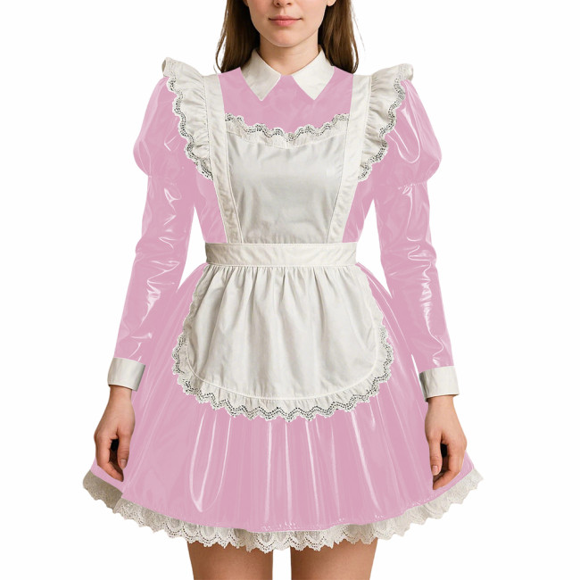 Crossdressing PVC Leather Maid Uniforms Sissy Role Playing Maid A-line Dress with Apron Halloween Party Makeup Ball Maid Outfits