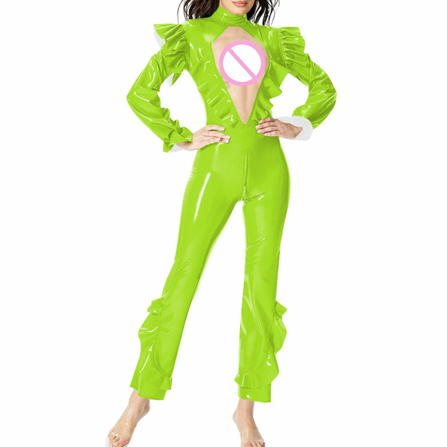 Sexy Women Ruffles Long Sleeve PVC Jumpsuit Wetlook Shiny Hollow Pant Bodysuit Female Club Tight Zipper Open Crotch Leotard