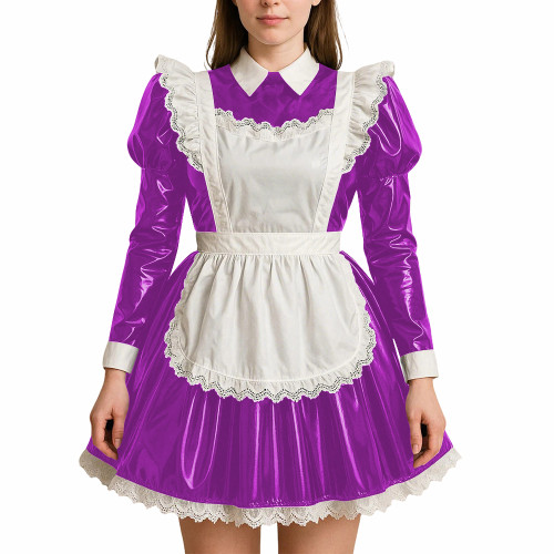 Crossdressing PVC Leather Maid Uniforms Sissy Role Playing Maid A-line Dress with Apron Halloween Party Makeup Ball Maid Outfits