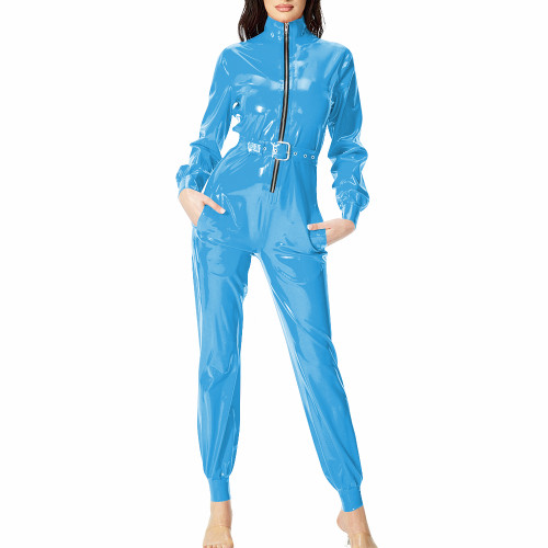 Plus Size Shiny Leather Belted Jumpsuit Nightclub Cosplay Romper Long Sleeves PVC Leather Playsuit Music Rave Party Clubwear