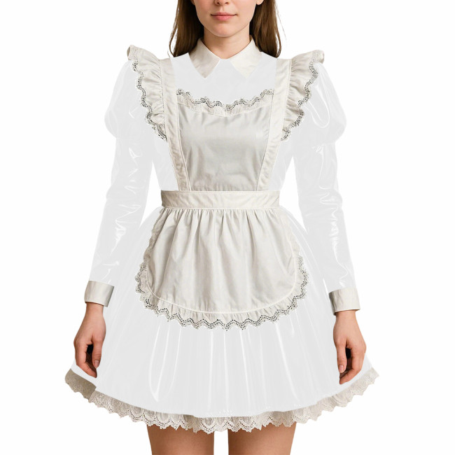 Crossdressing PVC Leather Maid Uniforms Sissy Role Playing Maid A-line Dress with Apron Halloween Party Makeup Ball Maid Outfits