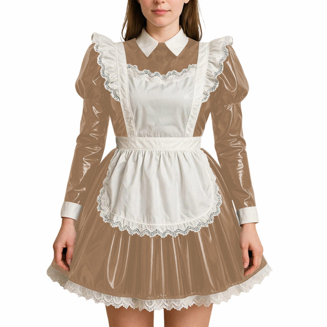 Crossdressing PVC Leather Maid Uniforms Sissy Role Playing Maid A-line Dress with Apron Halloween Party Makeup Ball Maid Outfits