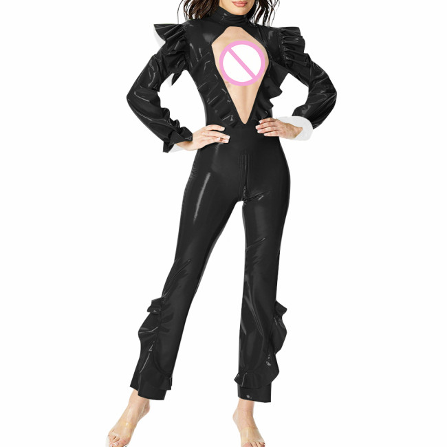 Sexy Women Ruffles Long Sleeve PVC Jumpsuit Wetlook Shiny Hollow Pant Bodysuit Female Club Tight Zipper Open Crotch Leotard