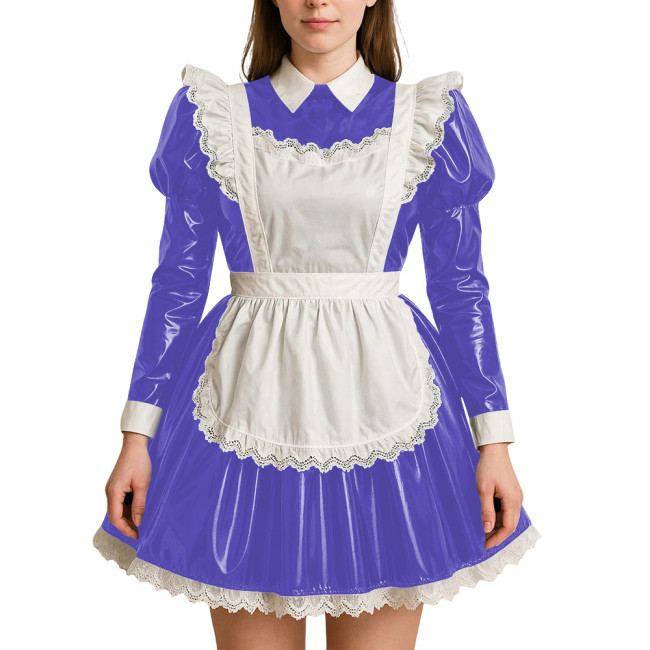 Crossdressing PVC Leather Maid Uniforms Sissy Role Playing Maid A-line Dress with Apron Halloween Party Makeup Ball Maid Outfits