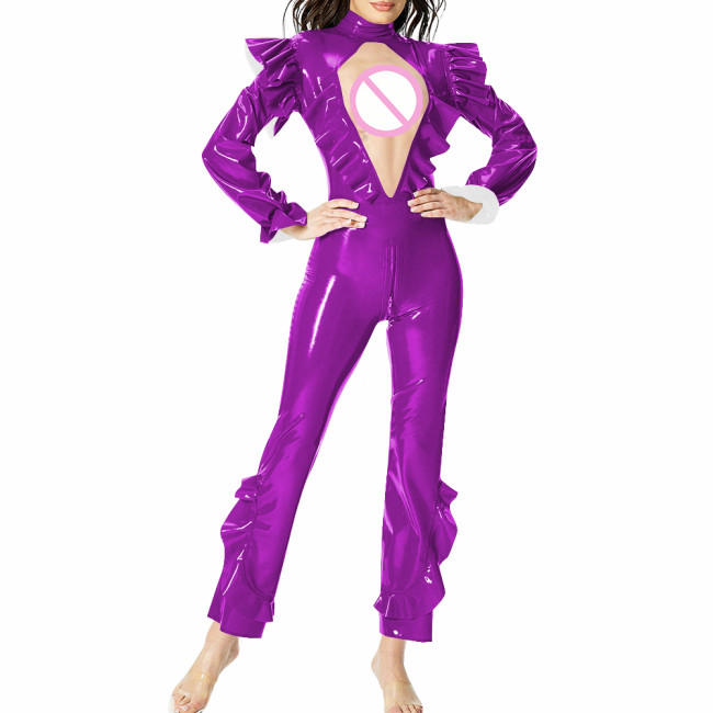 Sexy Women Ruffles Long Sleeve PVC Jumpsuit Wetlook Shiny Hollow Pant Bodysuit Female Club Tight Zipper Open Crotch Leotard