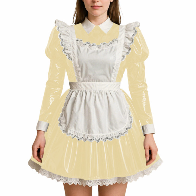Crossdressing PVC Leather Maid Uniforms Sissy Role Playing Maid A-line Dress with Apron Halloween Party Makeup Ball Maid Outfits