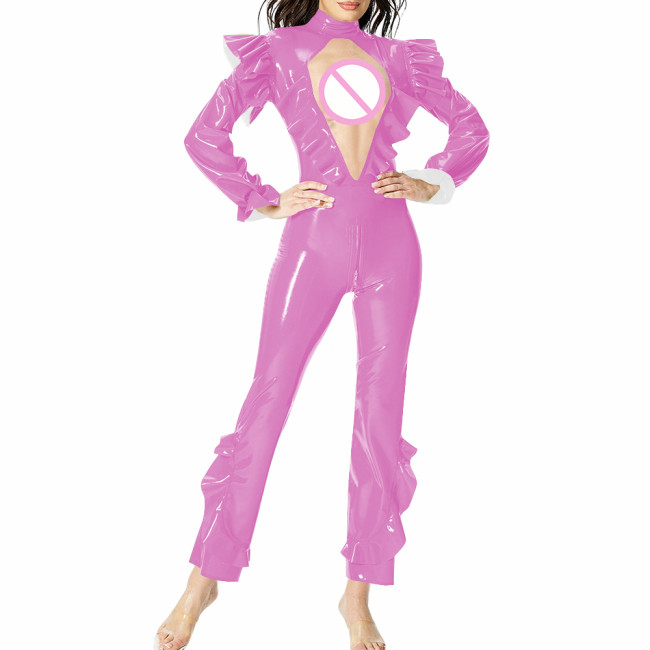 Sexy Women Ruffles Long Sleeve PVC Jumpsuit Wetlook Shiny Hollow Pant Bodysuit Female Club Tight Zipper Open Crotch Leotard