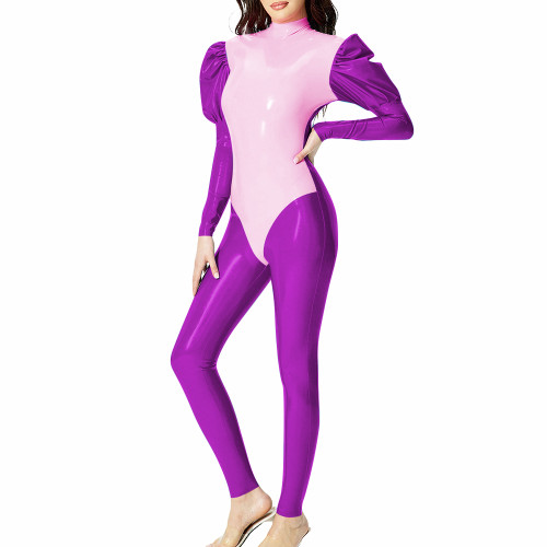 Smooth PVC Leather Unitard Jumpsuit Wetlook Puff Long Sleeves Patchwork Pencil Pants Sissy Sexy Themed Party Zentai Dance Wear