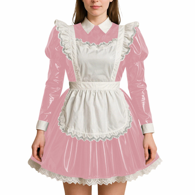 Crossdressing PVC Leather Maid Uniforms Sissy Role Playing Maid A-line Dress with Apron Halloween Party Makeup Ball Maid Outfits