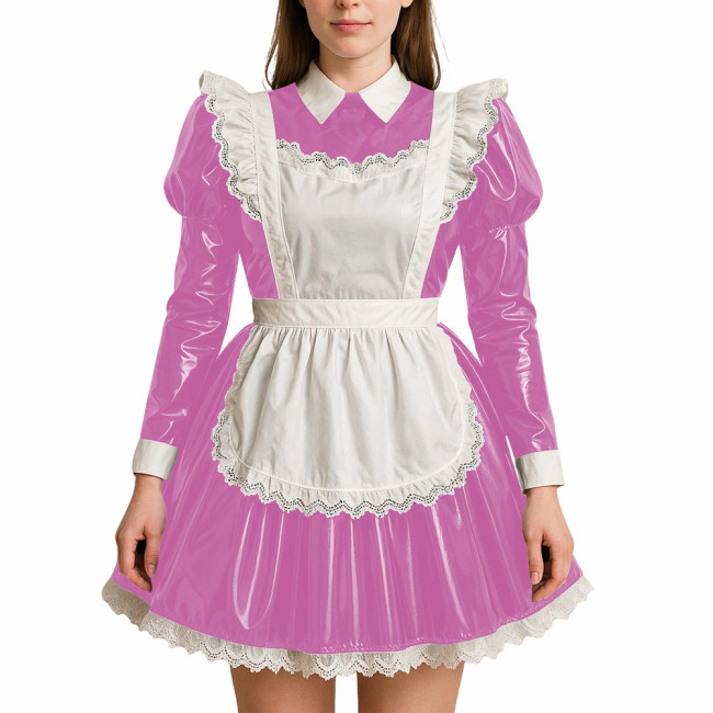 Crossdressing PVC Leather Maid Uniforms Sissy Role Playing Maid A-line Dress with Apron Halloween Party Makeup Ball Maid Outfits
