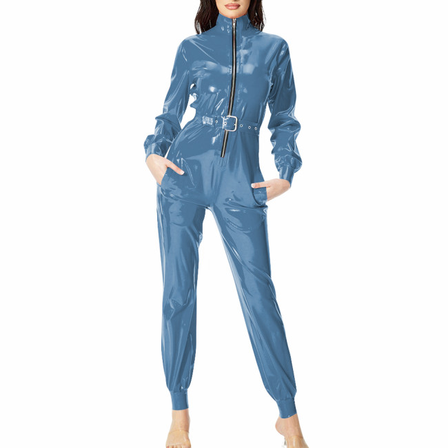 Plus Size Shiny Leather Belted Jumpsuit Nightclub Cosplay Romper Long Sleeves PVC Leather Playsuit Music Rave Party Clubwear