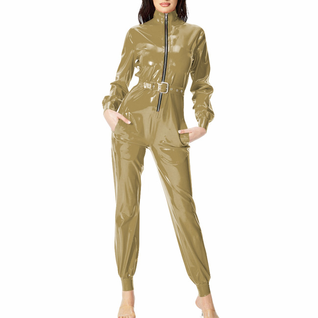 Plus Size Shiny Leather Belted Jumpsuit Nightclub Cosplay Romper Long Sleeves PVC Leather Playsuit Music Rave Party Clubwear