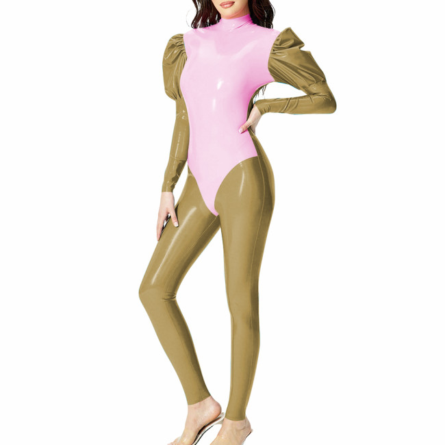 Smooth PVC Leather Unitard Jumpsuit Wetlook Puff Long Sleeves Patchwork Pencil Pants Sissy Sexy Themed Party Zentai Dance Wear