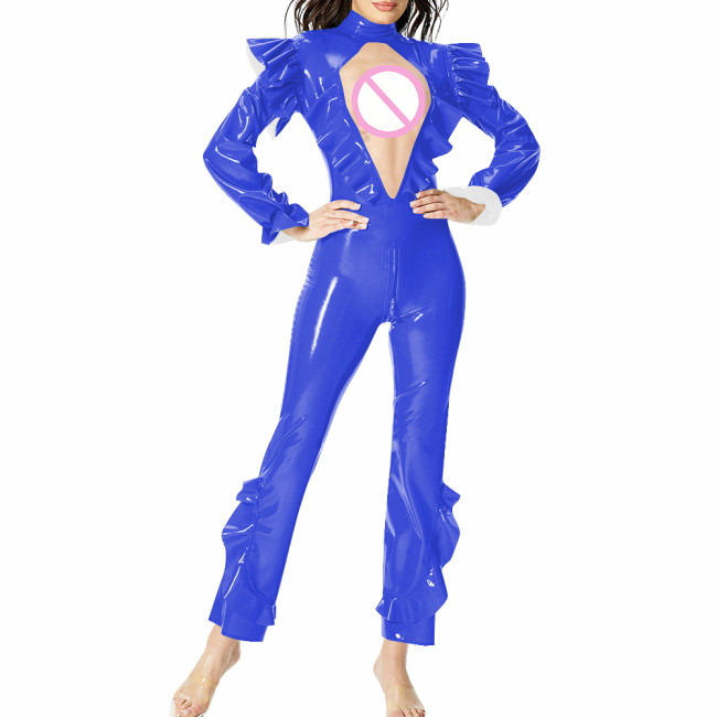 Sexy Women Ruffles Long Sleeve PVC Jumpsuit Wetlook Shiny Hollow Pant Bodysuit Female Club Tight Zipper Open Crotch Leotard