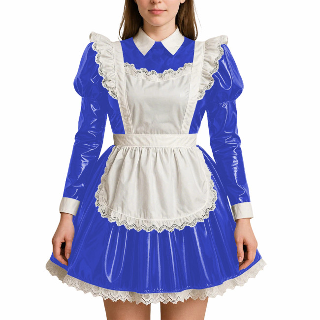 Crossdressing PVC Leather Maid Uniforms Sissy Role Playing Maid A-line Dress with Apron Halloween Party Makeup Ball Maid Outfits